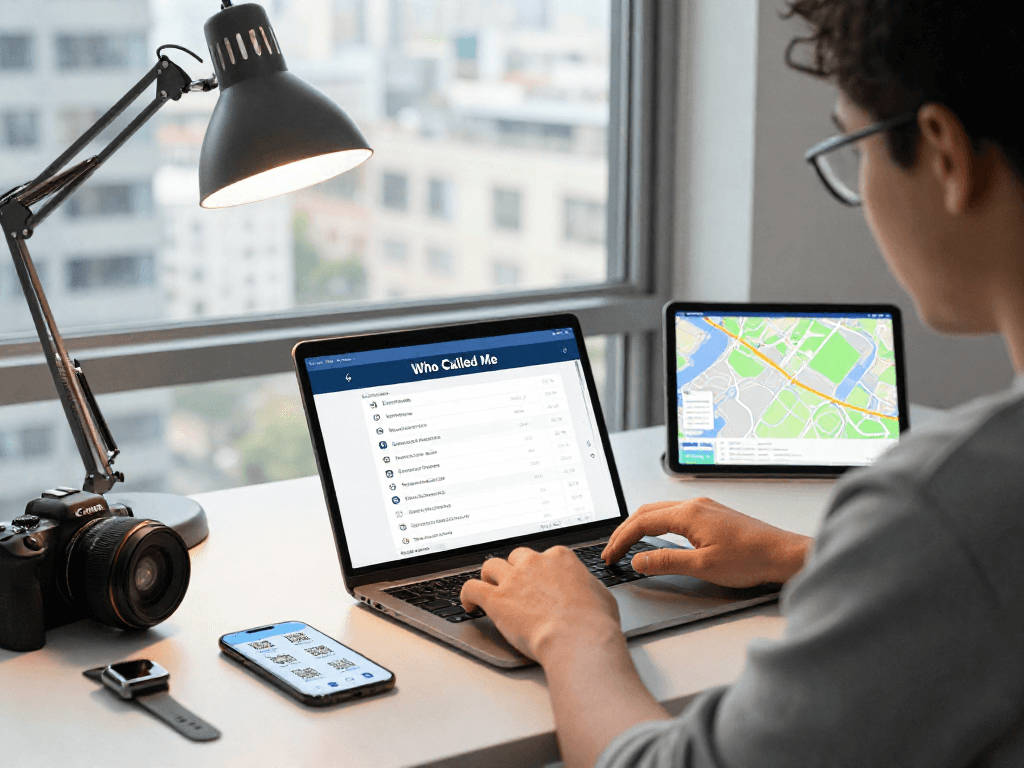 Discover who-called-me phone origin lookup tool in use at a modern tech workspace.