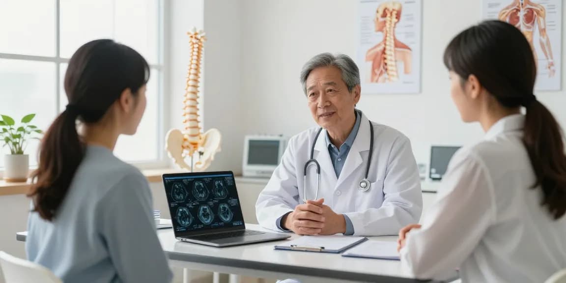 Doctor explaining boyun fıtığı ameliyatı options in a clean clinic.