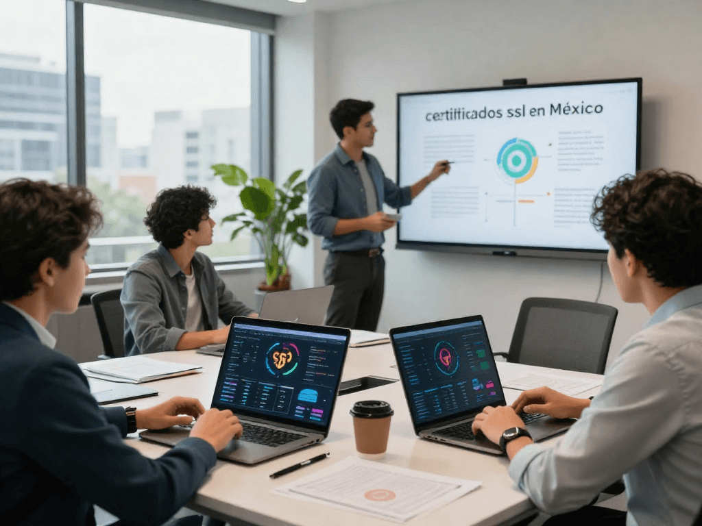 Equipo profesional analizando certificados SSL en México en una oficina moderna.
