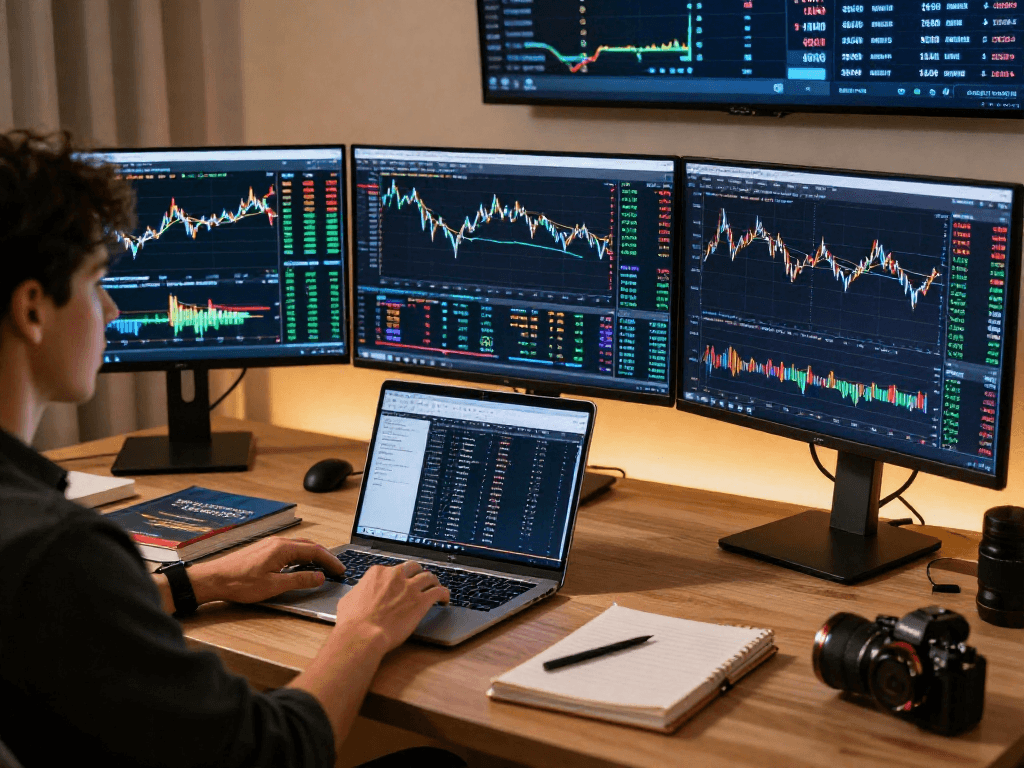 使用TradingView进行加密货币分析的专业交易室,现代桌面上多屏显示技术指标和行情趋势。