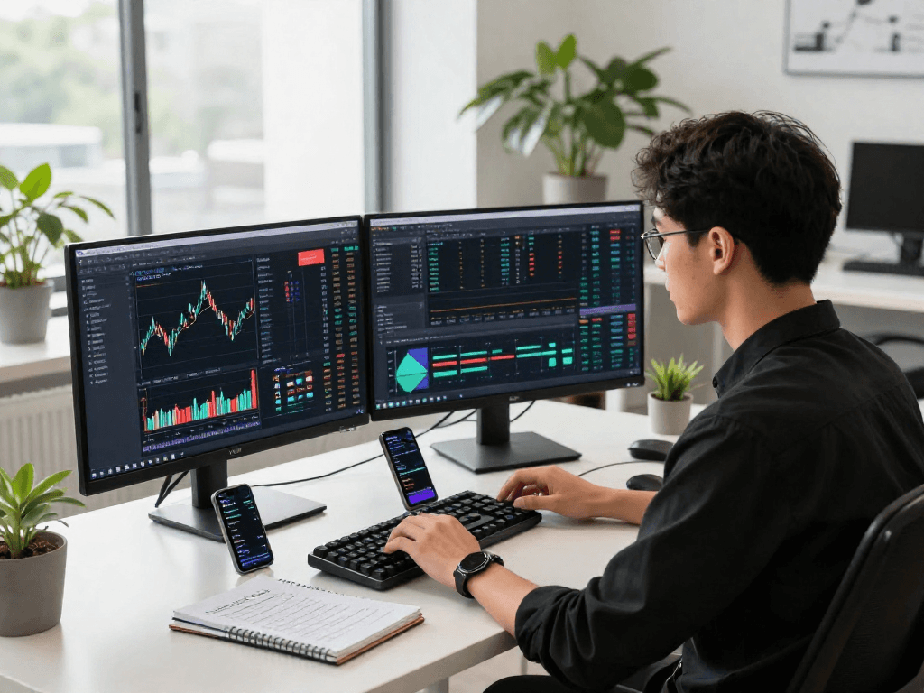 Engaged developer utilizing Japan quant stock trading API in a modern fintech workspace.