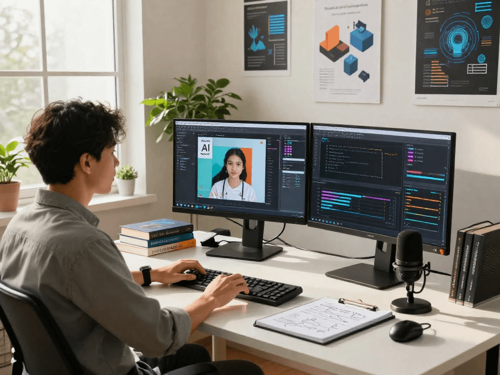 AI image detector analysis in a modern tech workspace with multiple screens and a data scientist.