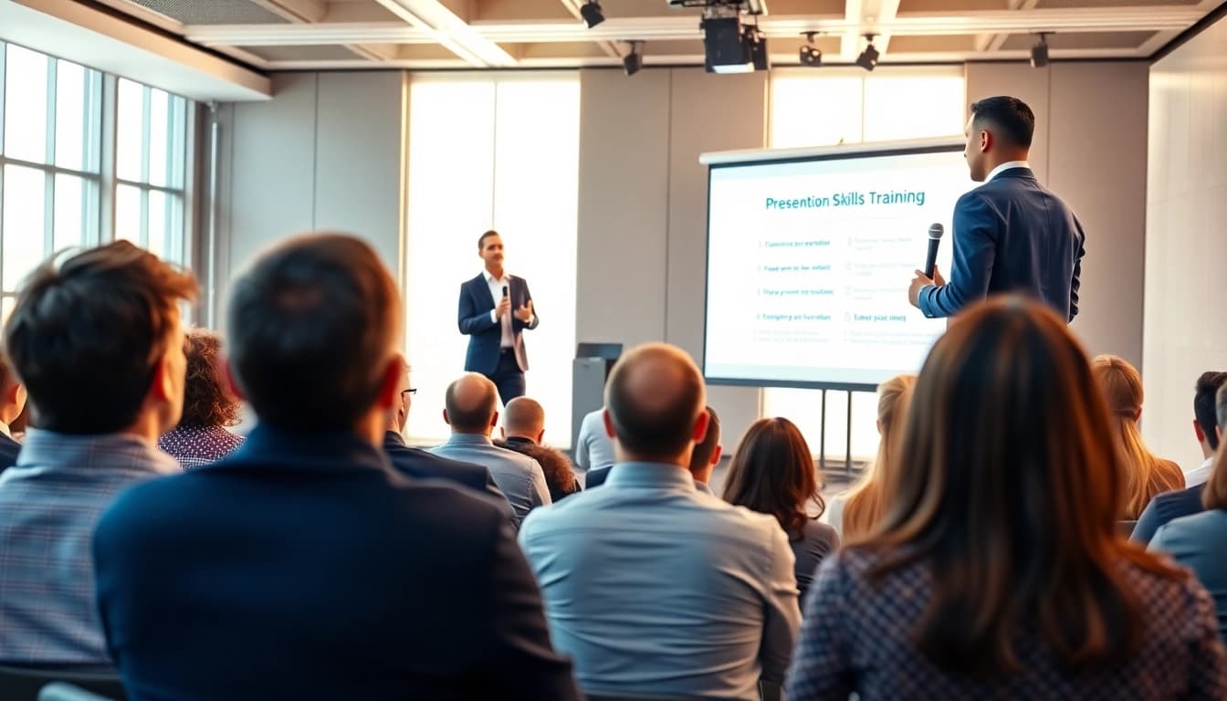 Engaged audience participating in a Presentation Skills Training session led by an experienced presenter.