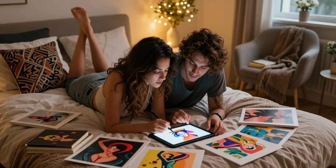Couple creating AI porn art in a cozy, intimate bedroom setting with warm lighting.