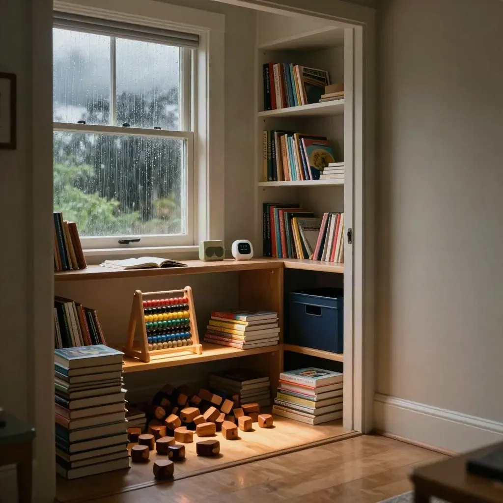 Cinematic after-school learning nook with books, bead frame, counters and rain-lit shelves.