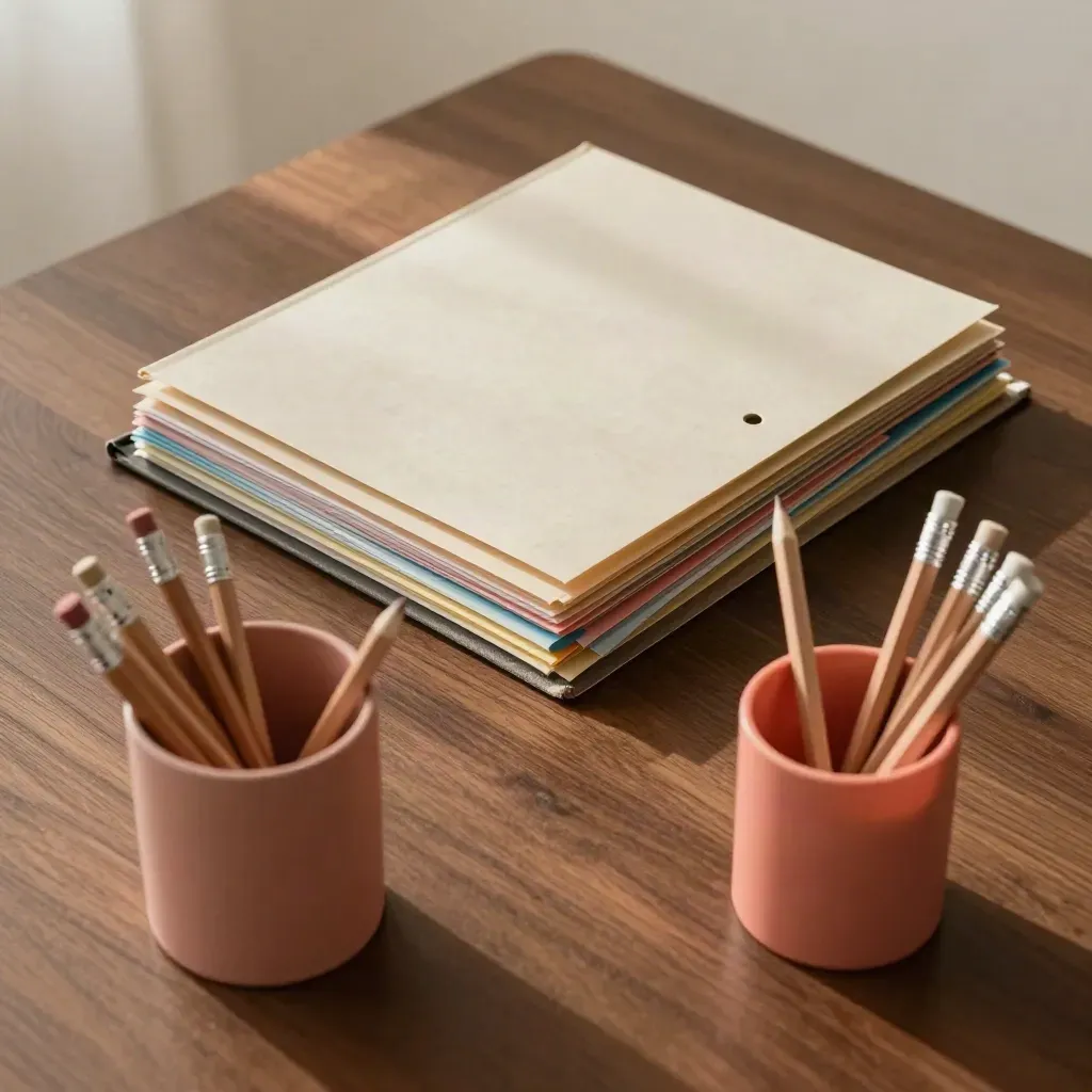 Overhead homework-help station with sorted folders, binder and pencil cup on warm matte wood.