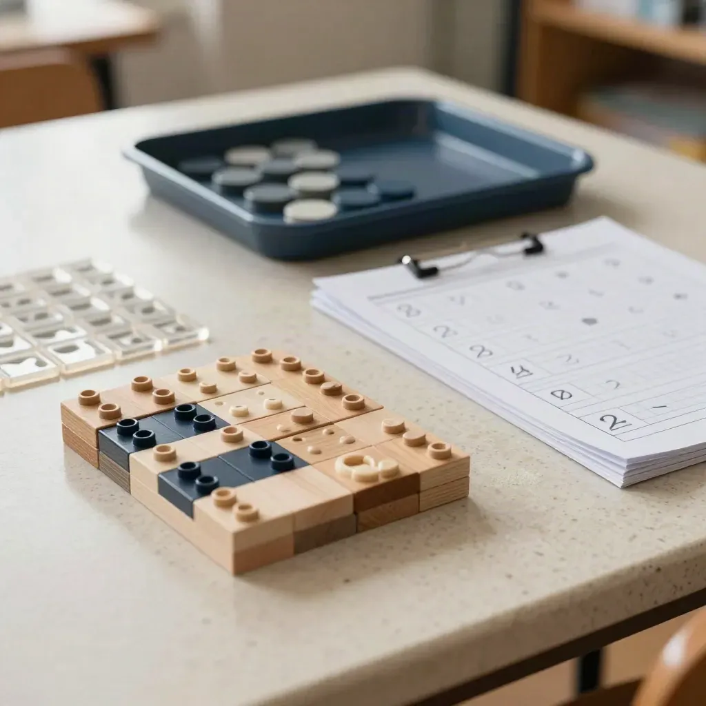 Base-ten blocks, pattern tiles, counters, and a face-down practice board on travertine.
