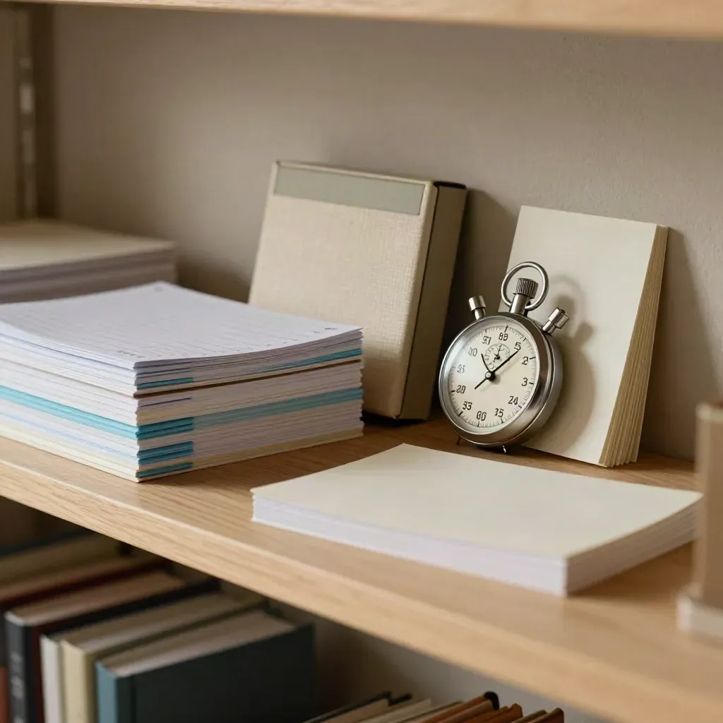 Organized study shelf with planner tabs, flashcard box, stopwatch, and blank note cards in moody light