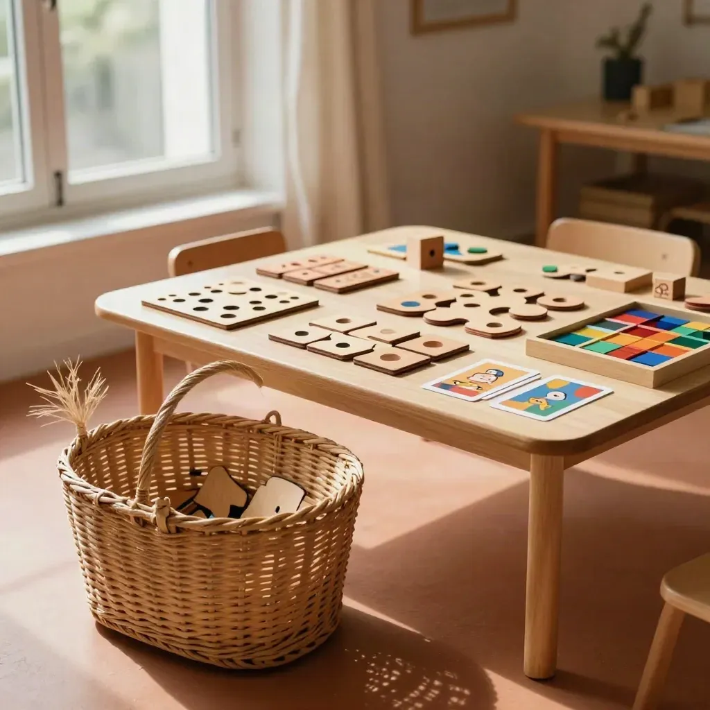Woven basket with counters, puzzle pieces, and pattern blocks on a sunlit camp learning table.