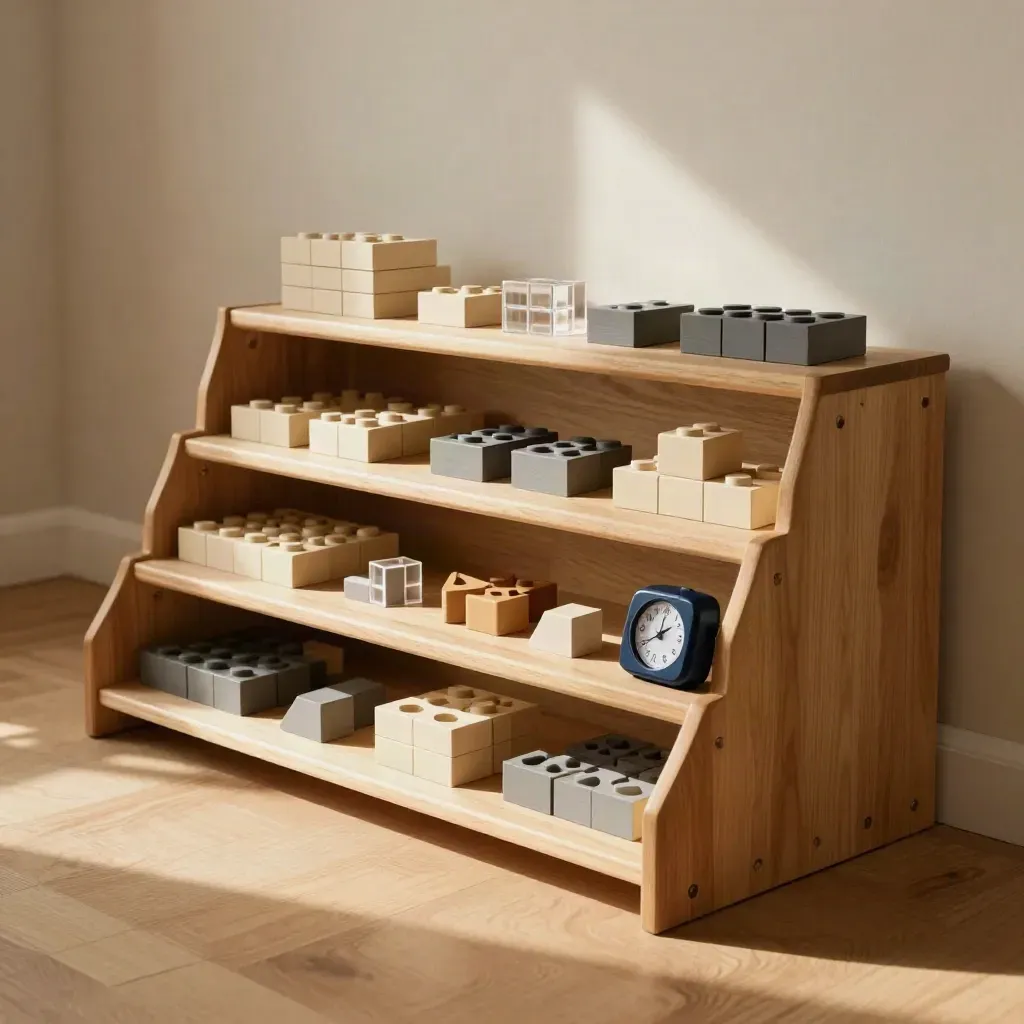 Two-tier math shelf with blocks, cubes and a timer in a warm tutoring corner.