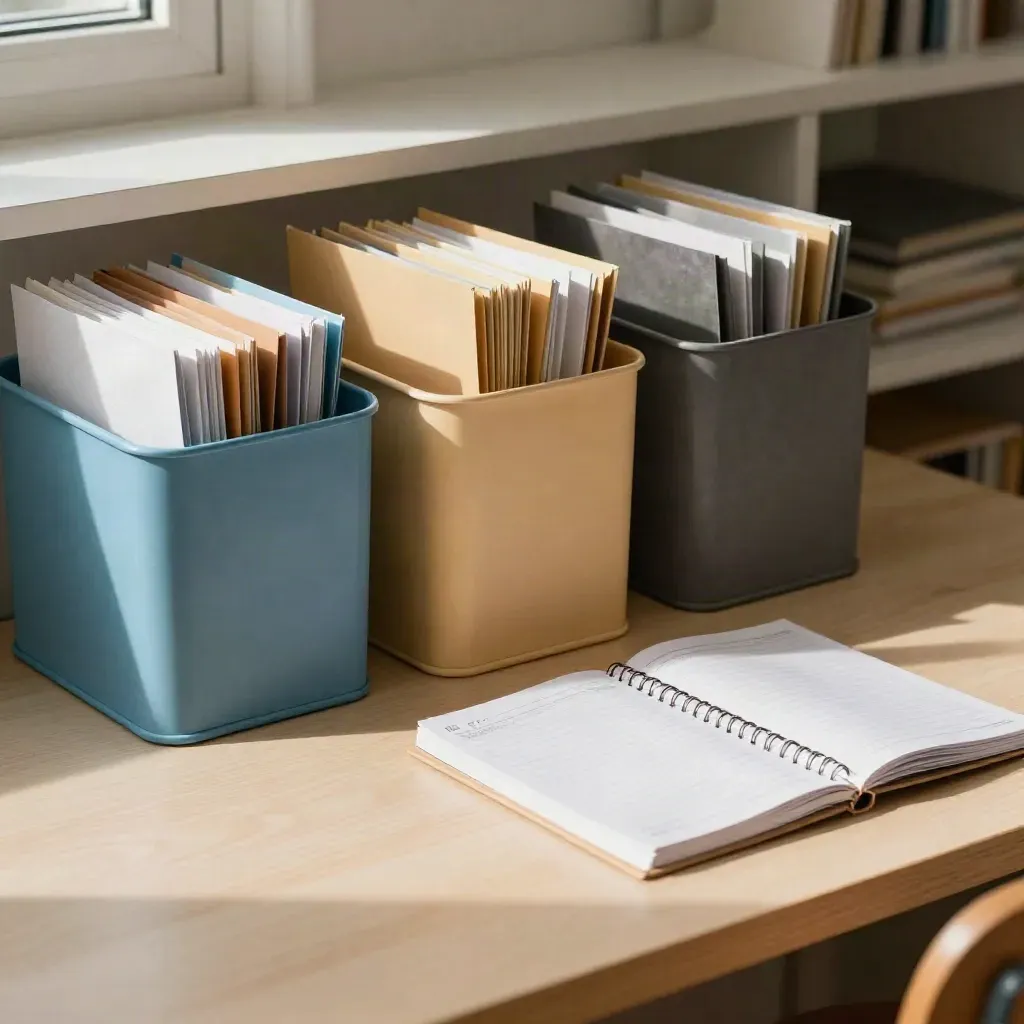 Sorted homework bins and a closed planner on a cleared oak table in soft afternoon light.