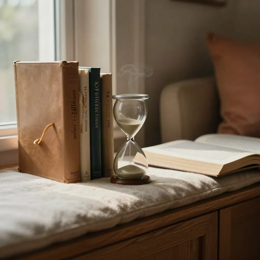 Reading nook with chapter books, bookmark, and sand timer in warm window light