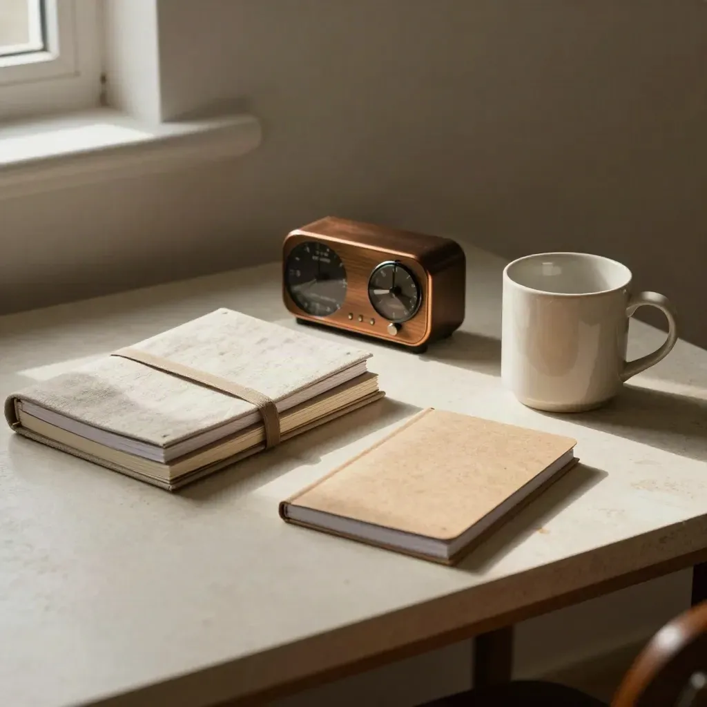 Calm study setup with timer, stacked notebooks, tabbed cards and a mug on a pale desk.