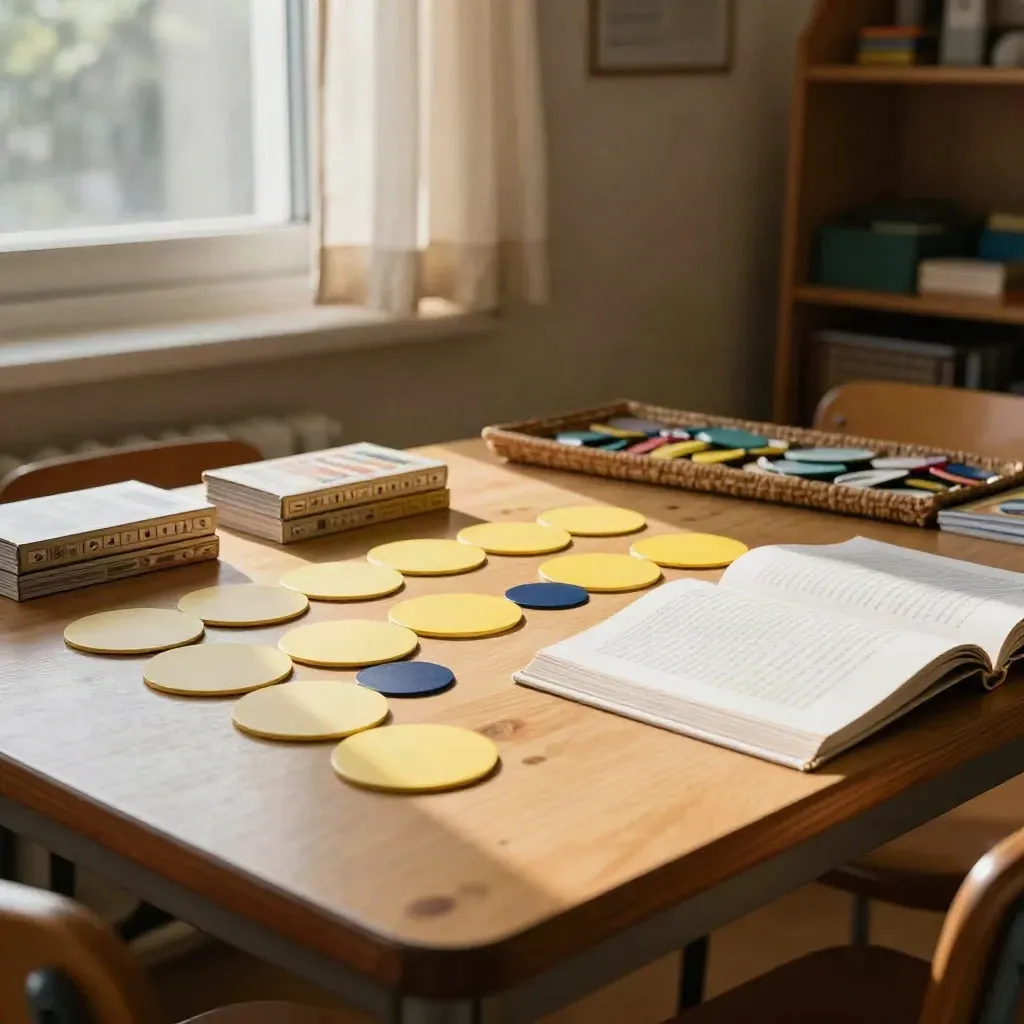 Sunlit camp learning table with yellow review tokens, flashcard boxes, and open skill books by a window