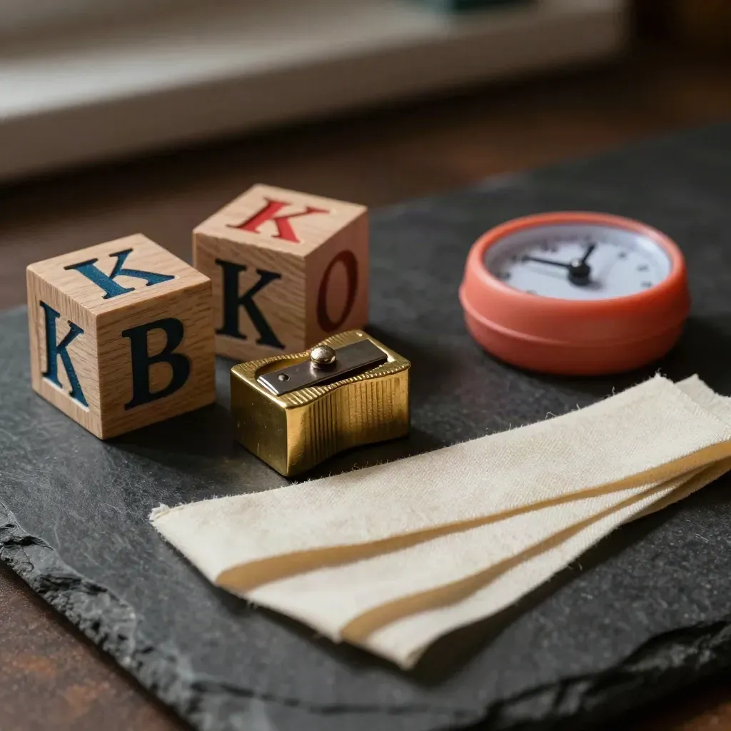 Brass sharpener, phonics cubes, study timer and bookmarks on dark stone in dramatic light.