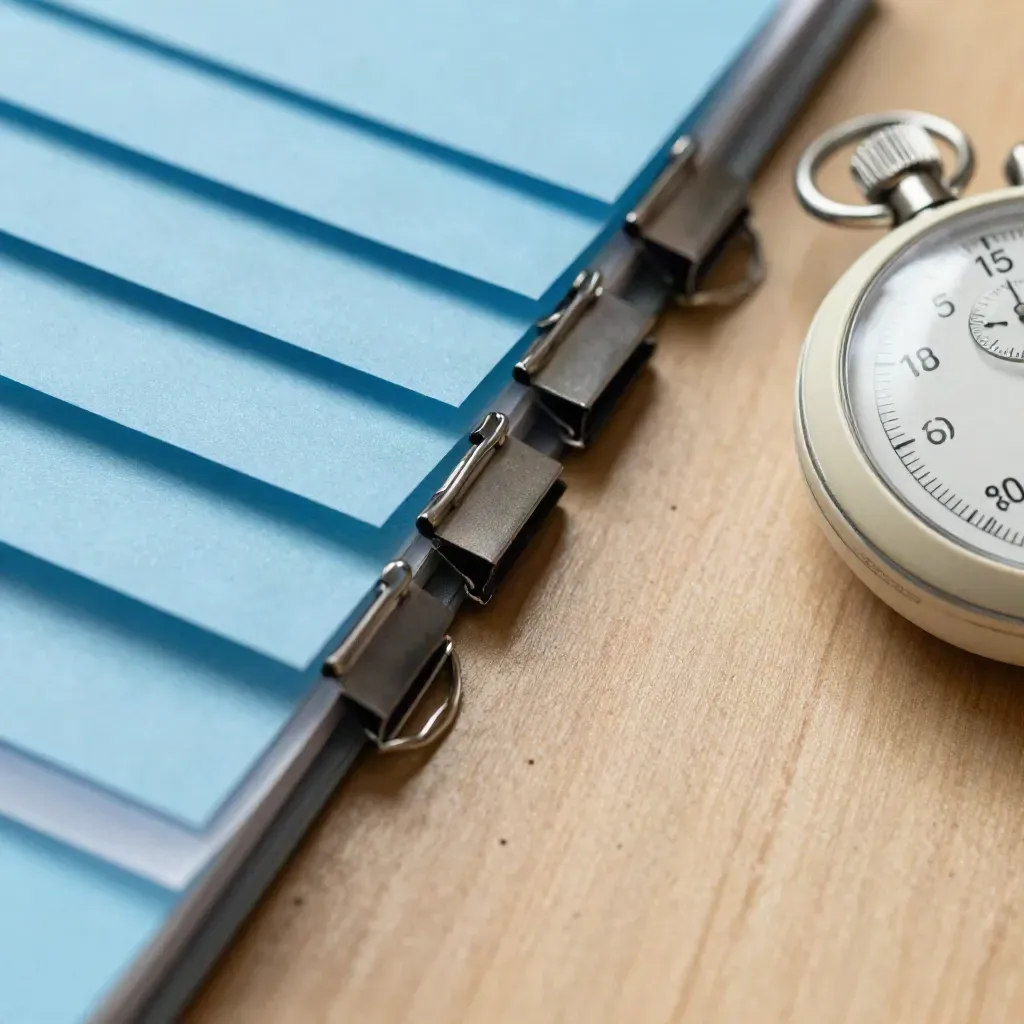 Macro still life of learning coach tools on pale oak with blue tabs and a stopwatch.
