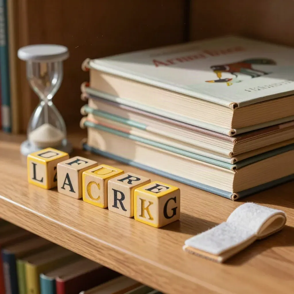 Alphabet cubes, books, sand timer and felt bookmark on a library shelf.