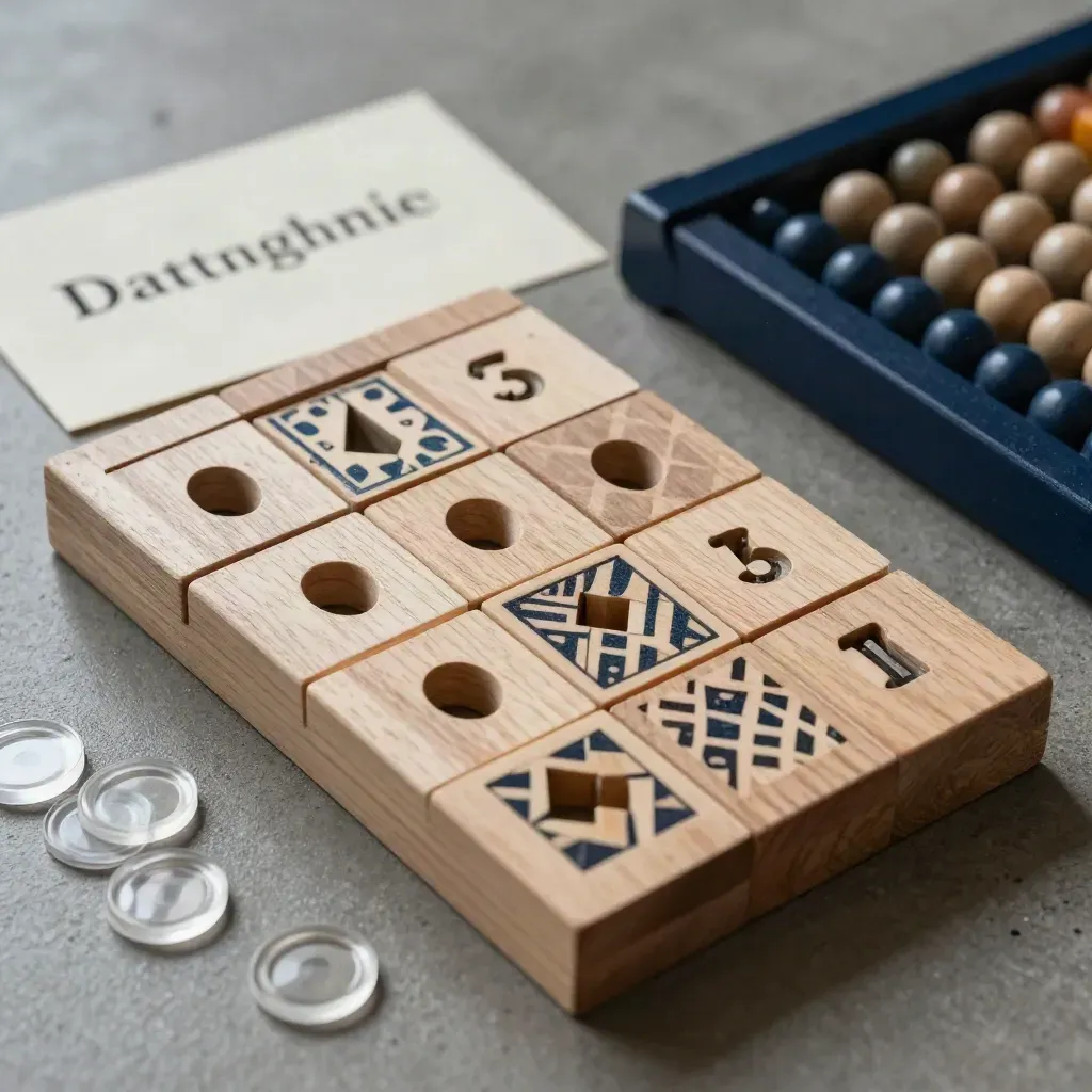Top-down still life of math tutor tools on concrete, with blocks, tiles, chips, and a bead frame.