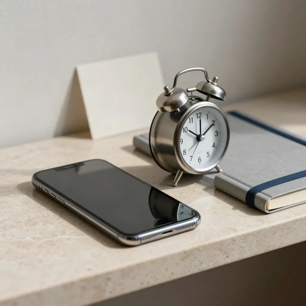 Overhead still life of a blank-screen phone, alarm clock and notebook on stone