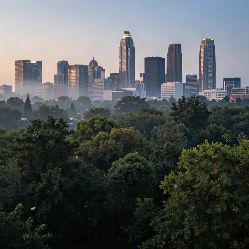Charlotte skyline at blue hour above a soft canopy of summer trees, glowing through humid haze.