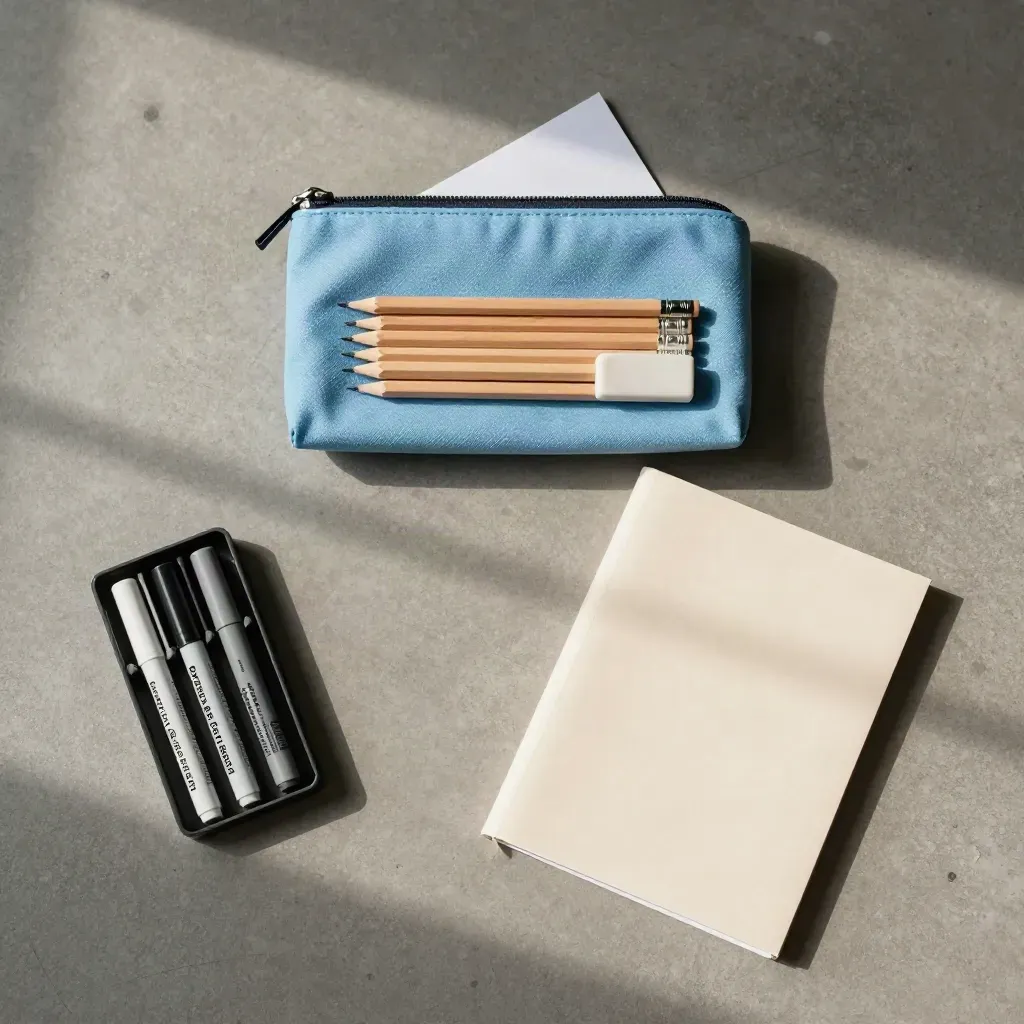 Overhead tutoring kit on concrete with pouch, markers, pencils, and folder