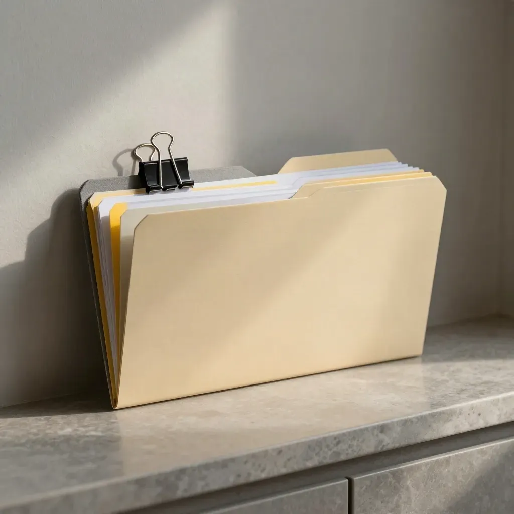 Progress folder with binder clips and yellow tabs on a stone ledge, softly side lit.
