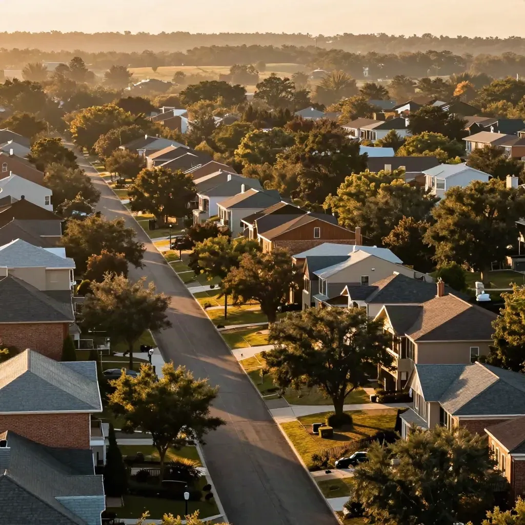 Golden-hour South Charlotte rooftops and oak shadows over calm open lawns