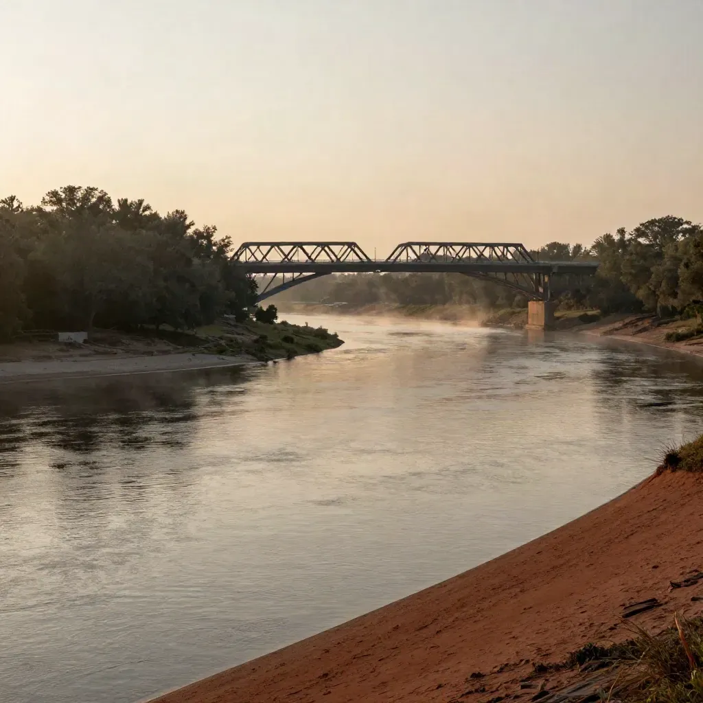 Sunset riverbend with bridge silhouette above misty wooded bank, calm water below for copy