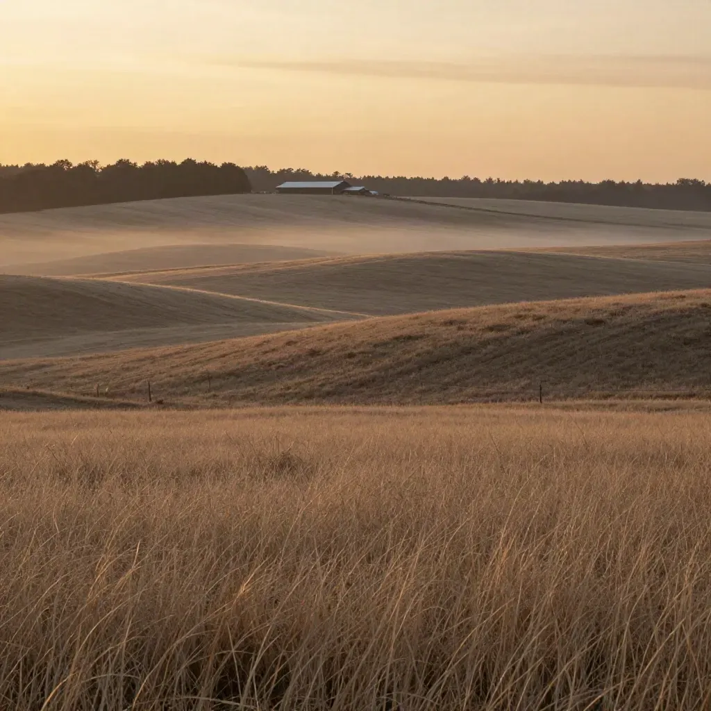 Wide sunset pastureland with distant barns and hazy fields in Union County